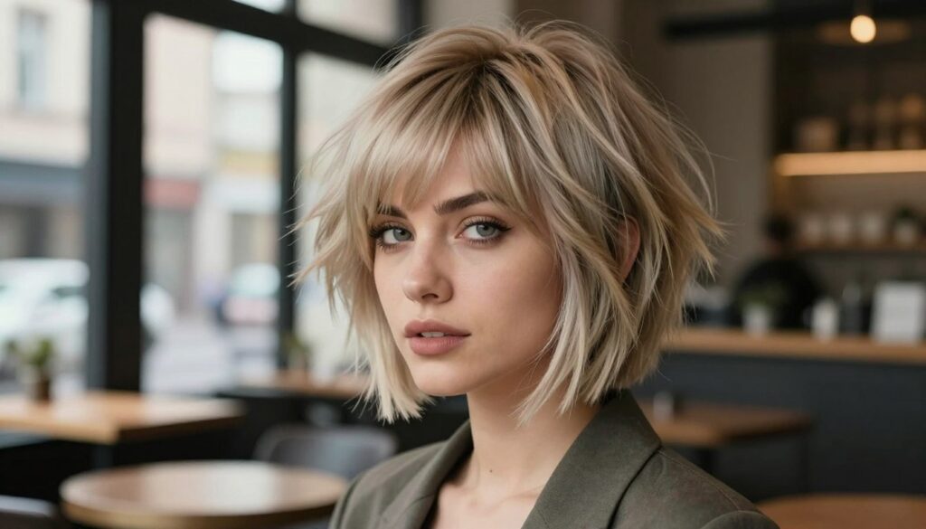 A stylish portrait of a woman with a trendy wolf cut hairstyle, showcasing the layered texture and choppy ends. Her hair is vibrantly colored, with soft highlights that catch the light, creating an eye-catching effect. The woman has a heart-shaped face, and her hairstyle complements her features beautifully, emphasizing her eyes and cheekbones. She is wearing elegant, modest casual clothing that suits the modern urban environment. The background is a softly blurred café setting with warm, natural light filtering through large windows, creating an inviting atmosphere. The angle of the shot is slightly elevated, focusing on her confident expression. The overall mood is chic and sophisticated, perfect for illustrating the versatility of the wolf cut. A stylish portrait of a woman with a trendy wolf cut hairstyle, showcasing the layered texture and choppy ends. Her hair is vibrantly colored, with soft highlights that catch the light, creating an eye-catching effect. The woman has a heart-shaped face, and her hairstyle complements her features beautifully, emphasizing her eyes and cheekbones. She is wearing elegant, modest casual clothing that suits the modern urban environment. The background is a softly blurred café setting with warm, natural light filtering through large windows, creating an inviting atmosphere. The angle of the shot is slightly elevated, focusing on her confident expression. The overall mood is chic and sophisticated, perfect for illustrating the versatility of the wolf cut.