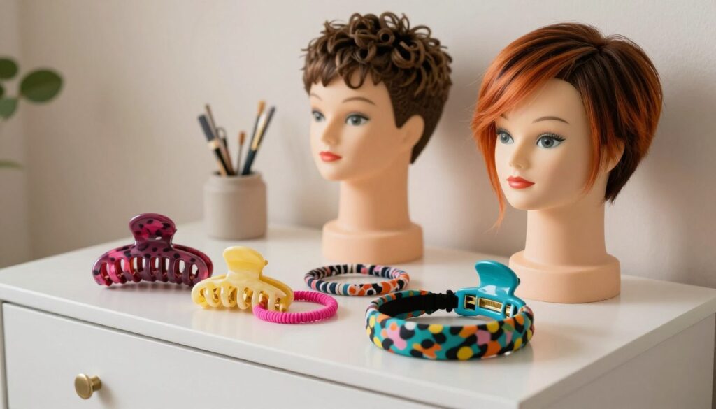 A stylish selection of hair accessories arranged on a sleek, modern vanity table. In the foreground, focus on a variety of bold hair clips, colorful hair ties, and decorative headbands, each showcasing vibrant patterns and textures that suggest individuality. The middle ground features a well-groomed mannequin with a daring hairstyle, showcasing an asymmetrical cut and striking color gradients, wearing a few of the accessories to highlight their use. In the background, soft diffused lighting creates an inviting atmosphere, with a subtle touch of greenery or decorative elements adding warmth to the scene. The overall mood is playful yet sophisticated, emphasizing both comfort and safety in styling choices for those who love to stand out. A stylish selection of hair accessories arranged on a sleek, modern vanity table. In the foreground, focus on a variety of bold hair clips, colorful hair ties, and decorative headbands, each showcasing vibrant patterns and textures that suggest individuality. The middle ground features a well-groomed mannequin with a daring hairstyle, showcasing an asymmetrical cut and striking color gradients, wearing a few of the accessories to highlight their use. In the background, soft diffused lighting creates an inviting atmosphere, with a subtle touch of greenery or decorative elements adding warmth to the scene. The overall mood is playful yet sophisticated, emphasizing both comfort and safety in styling choices for those who love to stand out.