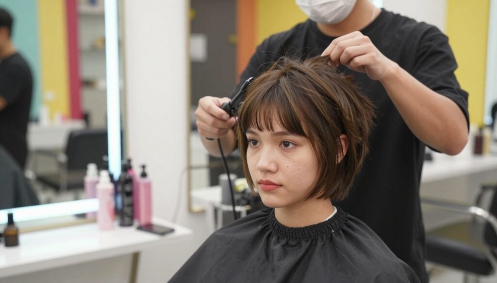 A stylish teenage girl with a trendy short haircut stands confidently in a bright, modern salon. The hairstyle features asymmetrical layers with a soft texture and subtle highlights, capturing the essence of contemporary short haircuts. The foreground focuses on her vibrant expression and the dynamic shape of her hair. In the middle, a stylist adjusts the girl's hair with professional tools, showcasing a variety of hair products on a nearby counter. The background features colorful salon decor with large mirrors and cheerful lighting that creates a lively atmosphere. The image is bright and inviting, using soft natural light to enhance the warm tones in her hair and the overall professionalism of the scene.