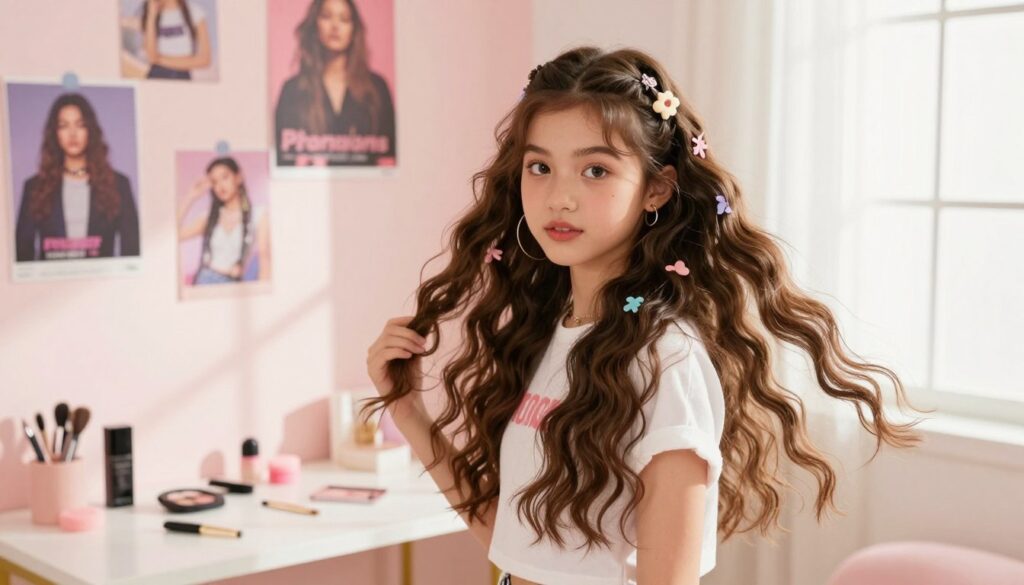 A stylish teenage girl with long, flowing hair showcases a trendy hairstyle that emphasizes her vibrant personality. She stands in a bright, well-lit room with soft, natural light coming through a window, casting gentle shadows that enhance her features. In the foreground, her hair is elegantly styled in loose waves, adorned with playful hair accessories that accentuate the look. The middle layer includes a minimalist desk with beauty products and accessories, hinting at her fashion-forward nature. The background features pastel-colored walls decorated with posters of popular music icons, creating a fun and youthful atmosphere. The overall mood is cheerful and confident, reflecting the latest trends in teenage hairstyles. Capture this scene with a warm color palette and a slight tilt-angle to emphasize the hairstyle's movement and elegance.