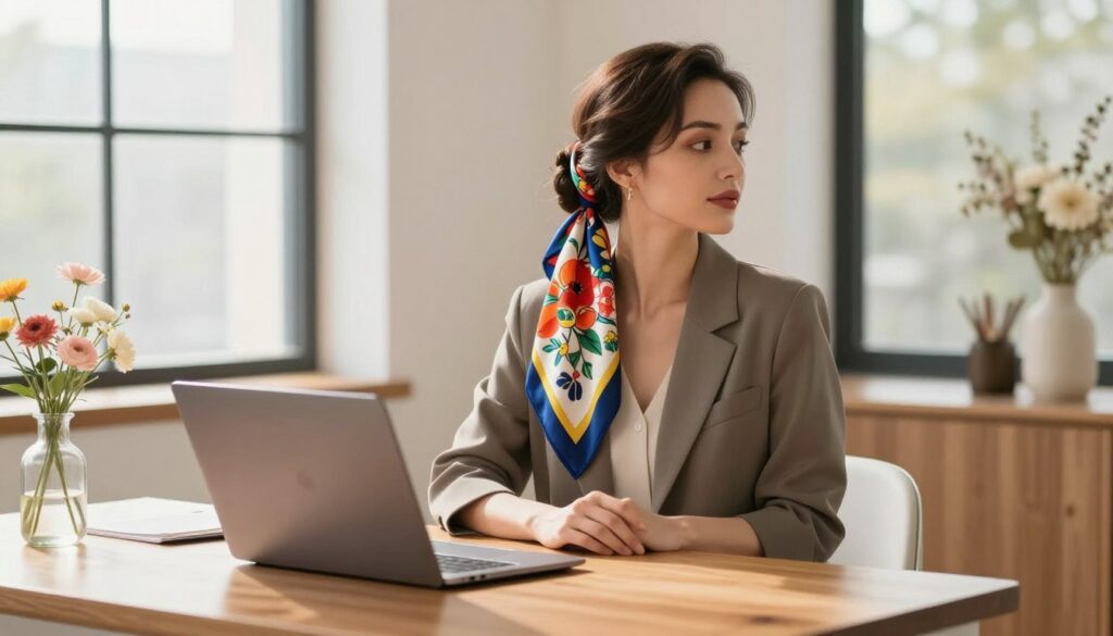 A stylish woman in a bright, elegant office setting, showcasing a chic bun hairstyle adorned with a colorful silk scarf. The scarf, featuring intricate floral patterns in vibrant hues, is elegantly wrapped around the bun, adding a creative flair. In the foreground, a polished wooden desk with minimalistic decor highlights a sleek laptop and a delicate vase of fresh flowers. The middle ground features the woman, dressed in smart casual attire, exuding confidence and grace as she looks away thoughtfully, with soft, natural lighting illuminating her features. The background reveals large windows with soft sunlight filtering through, creating a warm and inviting atmosphere, perfect for an article about creative hairstyle inspirations.