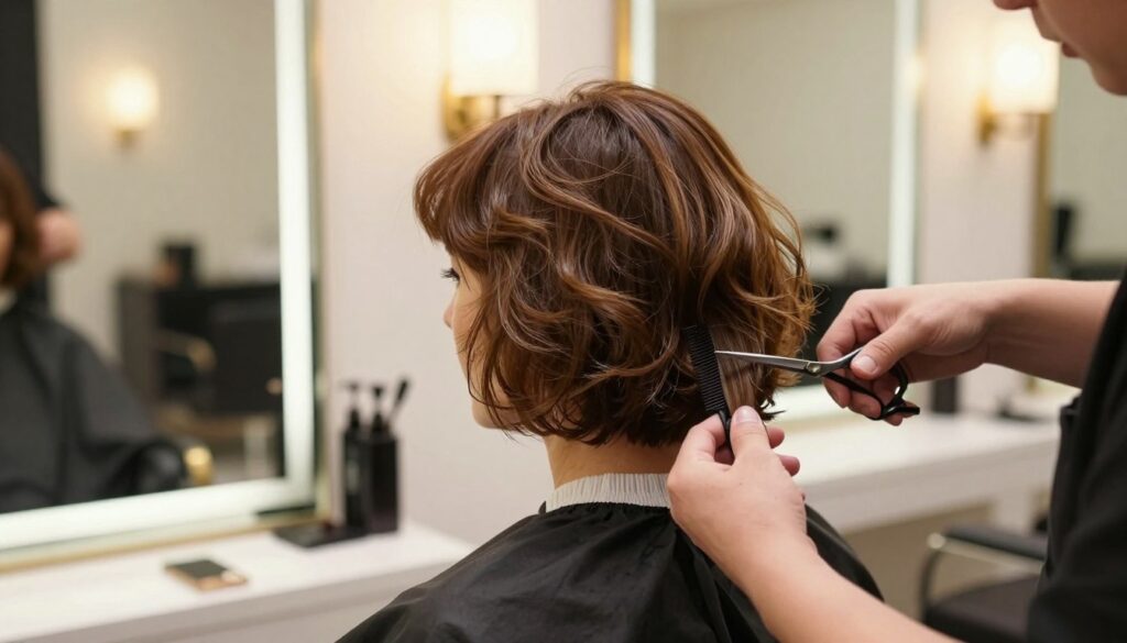A stylish woman in her fifties with a bob haircut, showcasing voluminous, slightly wavy hair that emanates a youthful vibrancy. She is seated in a chic salon surrounded by large mirrors reflecting warm lighting, enhancing the subtle shine of her hair. In the foreground, a professional stylist gracefully demonstrates a cutting technique, using scissors and a comb, focused on adding layers to the hair to boost volume. The background features elegant decor with soft lighting, exuding a relaxed yet sophisticated atmosphere. The mood is invigorating and refreshing, capturing the transformative power of hair styling techniques for fine hair. The scene emphasizes craftsmanship and the beauty of rejuvenation without any text, ensuring a clean presentation.