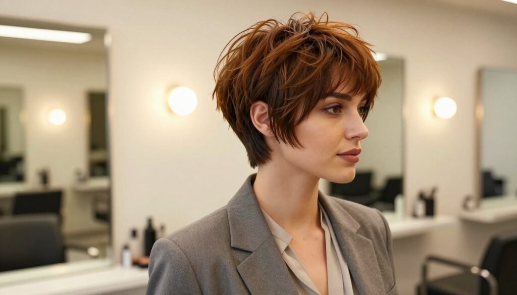 A stylish woman with a chic pixie cut, showcasing vibrant, asymmetrical layers, confidently poses in a well-lit, modern salon. Her hair has a soft, tousled finish, highlighting the texture and movement. In the foreground, she wears a fashionable, fitted blazer over a simple blouse, exuding a polished yet approachable vibe. The background features sleek salon mirrors and contemporary decor, with warm, inviting lighting that adds a cozy atmosphere. The angle captures the profile of her face, emphasizing the elegance of her hairstyle, with soft shadows enhancing her features. The overall mood is uplifting and empowering, illustrating the versatility and charm of a pixie cut for everyday styling.