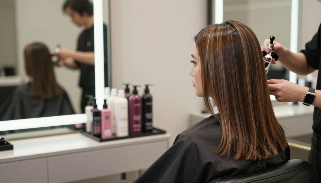 A stylish woman with a long bob hairstyle, showcasing healthy, vibrant hair with subtle highlights. She is seated in a modern salon environment, with sleek mirrors and soft lighting illuminating her features. In the foreground, she is applying hair serum, demonstrating the care and maintenance involved in keeping the long bob looking fresh. In the middle ground, hair products like conditioners and color treatments are neatly displayed on a salon counter, suggesting the importance of proper care and coloring to enhance the hairstyle. In the background, a blurred image of a stylist working with another client adds an inviting ambiance. The overall mood is calm and sophisticated, highlighting the elegance of the long bob and its care in a chic setting. A stylish woman with a long bob hairstyle, showcasing healthy, vibrant hair with subtle highlights. She is seated in a modern salon environment, with sleek mirrors and soft lighting illuminating her features. In the foreground, she is applying hair serum, demonstrating the care and maintenance involved in keeping the long bob looking fresh. In the middle ground, hair products like conditioners and color treatments are neatly displayed on a salon counter, suggesting the importance of proper care and coloring to enhance the hairstyle. In the background, a blurred image of a stylist working with another client adds an inviting ambiance. The overall mood is calm and sophisticated, highlighting the elegance of the long bob and its care in a chic setting.