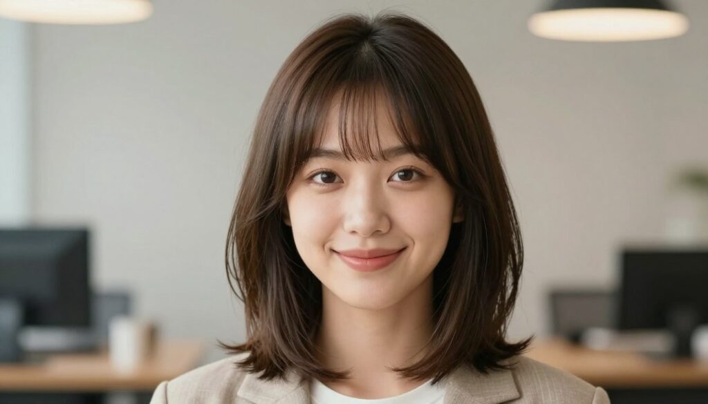 A stylish woman with a round face, showcasing a modern haircut featuring soft bangs, is the focus of the image. She has a youthful expression, with a warm smile and bright eyes that convey confidence and approachability. The foreground highlights her hair, beautifully framing her face, while her modest, professional attire enhances the look without distracting from the hairstyle. In the middle ground, a subtle, softly blurred setting of a cozy, well-lit office space is visible, suggesting a professional atmosphere. Natural lighting highlights the woman's features, casting gentle shadows that add depth. The mood is uplifting and empowering, reflecting the rejuvenating effect of the bangs on her overall appearance, demonstrating the transformative power of this hairstyle.