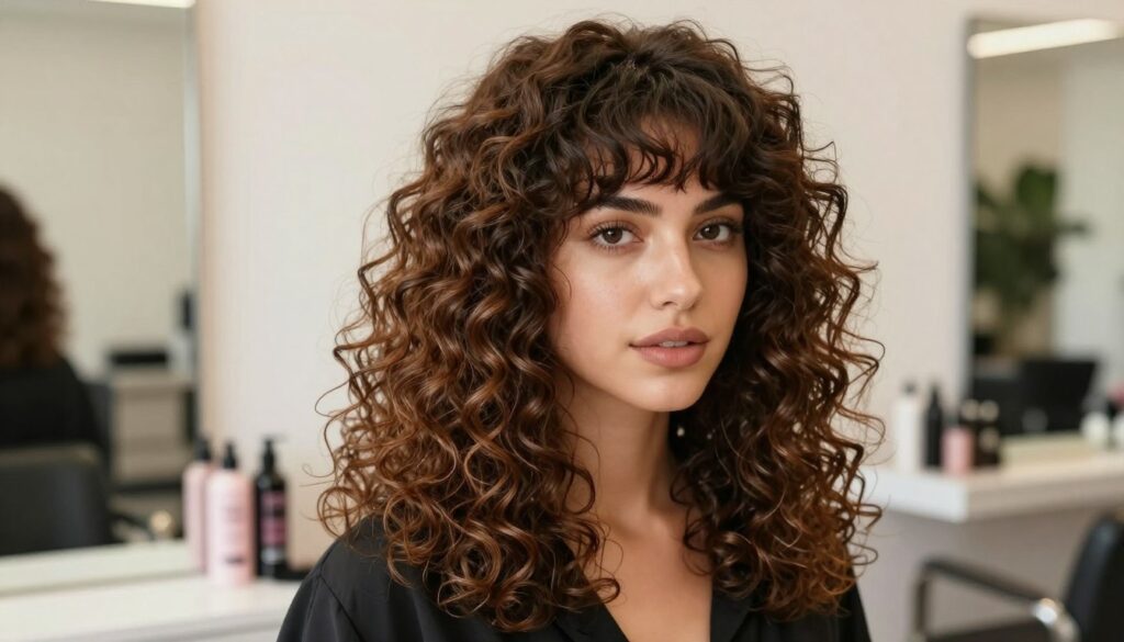 A stylish woman with beautiful, voluminous curly hair cascading down her shoulders, complemented by a fresh, blunt fringe. The curls are well-defined, showcasing a glossy texture, while the bangs frame her face perfectly. She stands in a bright, modern salon setting, with soft, natural light illuminating her features, creating a warm and inviting atmosphere. The background features elegant salon decor, with hints of stylish hair products on display. The portrait is captured from a slightly elevated angle to emphasize the hairstyle, with a shallow depth of field to softly blur the background while keeping the focus on her radiant look. This image conveys a trendy and fashionable vibe associated with contemporary hairstyles.