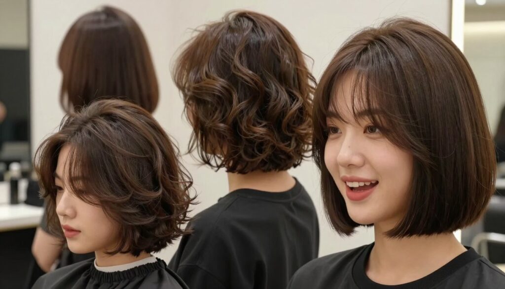 A stylish woman with fine hair showcasing various bob haircut variations that enhance volume. The foreground features a close-up of her face with an enthusiastic expression, highlighting the softness and movement of her hair. In the middle, various bob styles blend seamlessly, such as a layered bob, a textured bob with waves, and a sleek asymmetrical cut, all emphasizing fullness. The background is a modern, softly blurred salon interior with warm lighting, creating an inviting, professional atmosphere. The composition captures a sense of confidence and fashion-forwardness, encouraging viewers to explore these trendy hairstyles for a fuller appearance. The scene is well-lit, simulating natural light to accentuate textures and gleam of the hair.