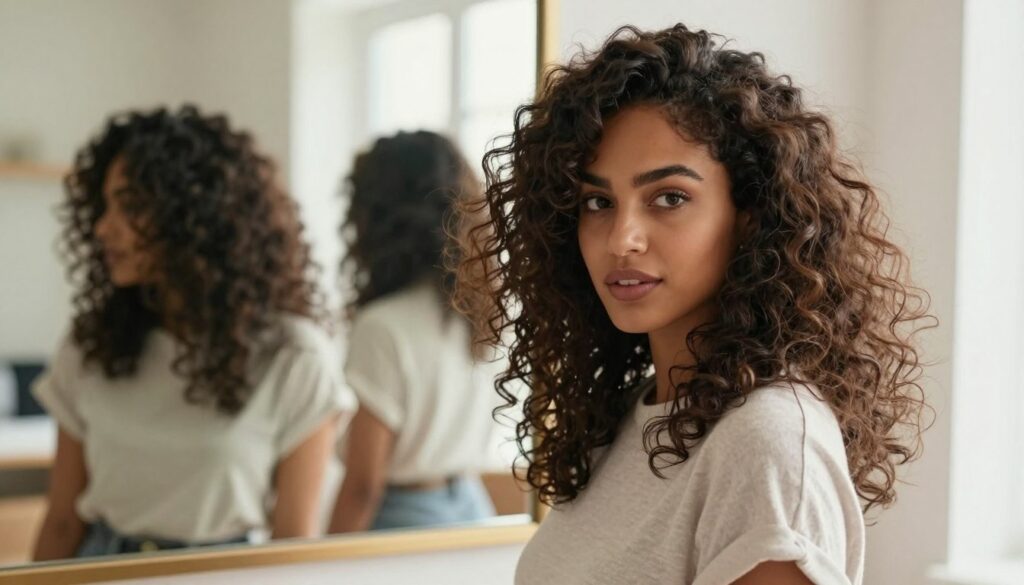 A stylish woman with fluffy, voluminous hair that beautifully frames her face, showcasing how different fluffy hairstyles suit various face shapes. She is wearing a chic, modest casual outfit that complements her look. The foreground features her confidently posing, with the soft, textured hair captivating attention. In the middle ground, a blurred mirror reflects different fluffy hairstyles, highlighting versatility and adaptability. The background is a well-lit, cozy room with natural light streaming through a window, creating a warm and inviting atmosphere. The angle is slightly tilted, emphasizing the softness of her hair and the elegant shape of her face, conveying a sense of style and confidence. A stylish woman with fluffy, voluminous hair that beautifully frames her face, showcasing how different fluffy hairstyles suit various face shapes. She is wearing a chic, modest casual outfit that complements her look. The foreground features her confidently posing, with the soft, textured hair captivating attention. In the middle ground, a blurred mirror reflects different fluffy hairstyles, highlighting versatility and adaptability. The background is a well-lit, cozy room with natural light streaming through a window, creating a warm and inviting atmosphere. The angle is slightly tilted, emphasizing the softness of her hair and the elegant shape of her face, conveying a sense of style and confidence.
