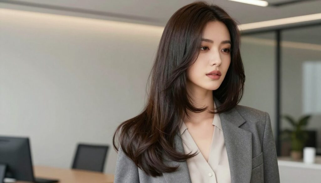 A stylish woman with long bob hair, showcasing a trendy and elegant look, stands confidently in a professional setting. Her hair is smooth and shiny, slightly wavy at the ends, framing her face beautifully. She wears a chic, tailored blazer over a simple blouse, reflecting a modern yet sophisticated style. The image is captured indoors with soft, diffused lighting that highlights the texture of her hair and the contours of her face. The background features a contemporary office environment with minimal decor, allowing the focus to remain on her hairstyle. The angle is slightly from the side, enhancing the length and movement of her hair. The overall mood is empowering and fashion-forward, emphasizing the versatility of the long bob hairstyle. A stylish woman with long bob hair, showcasing a trendy and elegant look, stands confidently in a professional setting. Her hair is smooth and shiny, slightly wavy at the ends, framing her face beautifully. She wears a chic, tailored blazer over a simple blouse, reflecting a modern yet sophisticated style. The image is captured indoors with soft, diffused lighting that highlights the texture of her hair and the contours of her face. The background features a contemporary office environment with minimal decor, allowing the focus to remain on her hairstyle. The angle is slightly from the side, enhancing the length and movement of her hair. The overall mood is empowering and fashion-forward, emphasizing the versatility of the long bob hairstyle.