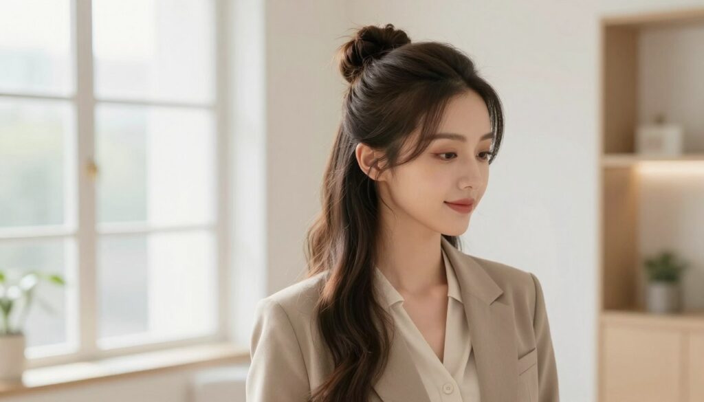 A stylish woman with long, flowing hair elegantly styled into a top bun, or "kok," stands confidently. She is wearing a chic, professional outfit, such as a tailored blazer over a simple blouse, conveying a blend of sophistication and casual flair. The top bun is meticulously crafted, showcasing graceful strands falling softly around her face. The scene is set in a bright, airy room with natural light streaming through large windows, creating a warm and inviting atmosphere. The background features minimalist décor with soft colors, enhancing the focus on her hairstyle. The angle captures her shoulders up, emphasizing the hairstyle’s details and the overall polished look, while maintaining a fresh and contemporary mood.