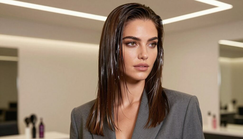 A stylish woman with straight hair, showcasing a sleek “wet look” hairstyle, is the focal point. The hair is shiny and effortlessly combed back, reflecting light to emphasize the glossy finish. She wears a modern, professional outfit, such as a tailored blazer over a simple blouse, to complement the hair styling. The setting is a chic salon environment, softly lit with bright overhead lights that create a polished ambiance. In the background, subtle hints of hair styling tools and products are displayed on a countertop. The camera angle captures the woman from a slightly elevated perspective, allowing for a clear view of her confident expression and the hair's texture. The overall mood is sophisticated and contemporary, ideal for showcasing this hairstyle tutorial.