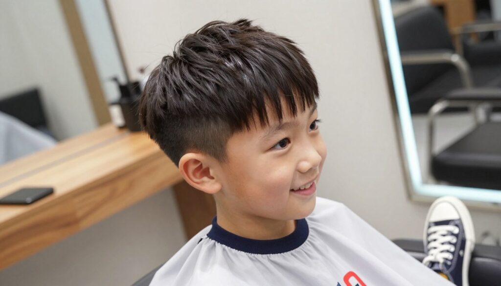 A stylish young boy featuring a classic mushroom haircut, showcasing its modern twist. The boy has bright, expressive eyes and a playful smile, wearing a trendy, casual outfit with a fitted t-shirt and stylish sneakers. His hair is perfectly coiffed, emphasizing the rounded shape of the hairstyle, with a subtle shine under soft, natural lighting. The scene is set in a contemporary salon, with sleek mirrors and warm wood accents in the background. The angle captures the boy's profile and a slight tilt, emphasizing the haircut while maintaining focus on his cheerful expression. The atmosphere is lighthearted and inviting, highlighting the charm of this timeless hairstyle for boys. A stylish young boy featuring a classic mushroom haircut, showcasing its modern twist. The boy has bright, expressive eyes and a playful smile, wearing a trendy, casual outfit with a fitted t-shirt and stylish sneakers. His hair is perfectly coiffed, emphasizing the rounded shape of the hairstyle, with a subtle shine under soft, natural lighting. The scene is set in a contemporary salon, with sleek mirrors and warm wood accents in the background. The angle captures the boy's profile and a slight tilt, emphasizing the haircut while maintaining focus on his cheerful expression. The atmosphere is lighthearted and inviting, highlighting the charm of this timeless hairstyle for boys.