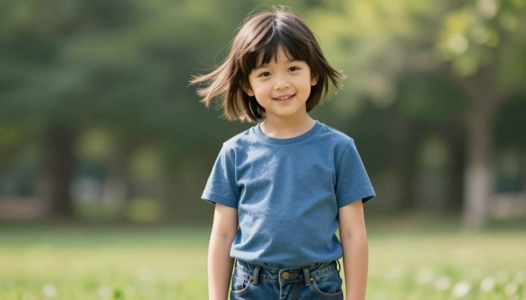 A stylish young boy with shoulder-length hair showcasing a trendy haircut that blends short and medium lengths, emphasizing both convenience and fashion. The boy stands confidently, wearing a casual yet neat outfit—perhaps a fitted t-shirt and jeans. The scene is set in a sunny park with greenery in the background, creating a lively atmosphere. Soft natural lighting illuminates his face, highlighting the texture and movement of his hair. The angle captures him from a slightly lower perspective, giving a sense of height and presence. His expression is cheerful and playful, embodying the essence of youthful style. The image should focus on the boy's hairstyle, showcasing the blend of short and long elements, with no distracting elements or text in the composition.