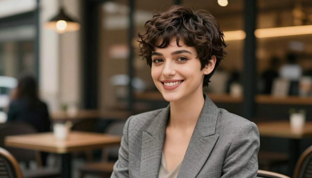 A stylish young woman with a chic pixie cut, her hair elegantly textured with soft waves and a subtle side part. The foreground features her smiling face, showcasing confidence and individuality. In the middle ground, she is dressed in a professional, tailored blazer over a simple top, exuding modern sophistication. The background is a softly blurred urban café setting, with warm lighting that creates an inviting atmosphere, hinting at early evening. The scene is captured from a slight angle, emphasizing the haircut and her vibrant personality. The overall mood is bold yet approachable, reflecting the essence of the pixie cut and its appeal. Ensure the image is safe for work and devoid of any text or watermarks.