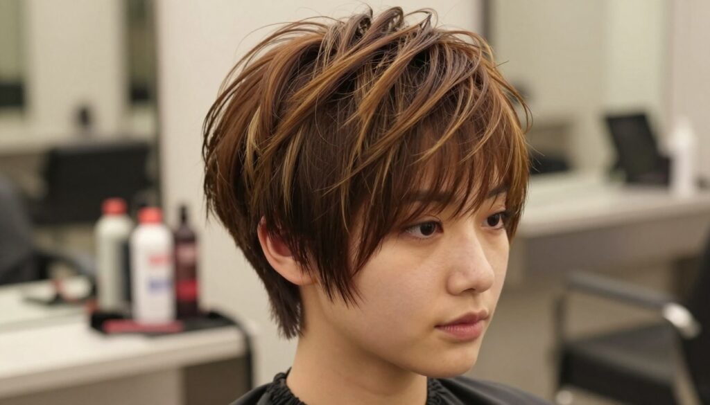 A stylish young woman with a pixie haircut, showcasing thin hair that appears voluminous due to expert hair coloring techniques. The foreground features her face turned slightly to the side, highlighting the textured layers of her hair with rich, complementary highlights that create depth and dimension. The middle ground includes a softly blurred salon setting with professional tools and products, hinting at a vibrant atmosphere of creativity and style. The background is a warm, softly-lit salon space with subtle reflections of mirrors, enhancing the warm tones of her hair. The mood is uplifting and elegant, capturing the essence of modern hair coloring's role in making fine hair look fuller and more dynamic, with a focus on natural beauty and sophistication.