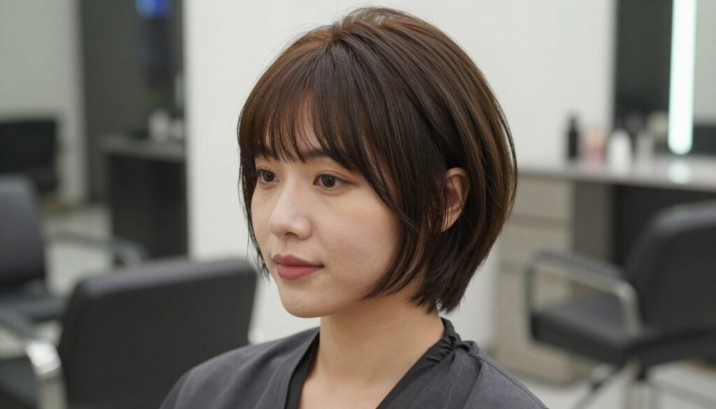 A stylishly composed portrait of a woman with a round face showcasing short haircuts that enhance her features, such as a bob or pixie cut that adds elegance and character. The foreground focuses on her face, emphasizing the sleek layers of her haircut and the soft contours of her cheeks. She wears a modern, professional outfit that complements her hairstyle, against a softly blurred background featuring a contemporary salon environment, reflecting a bright and inviting atmosphere. The lighting is soft and flattering, casting gentle highlights on her hair to showcase its texture. The angle captures her expression, radiating confidence and sophistication, celebrating the beauty of short haircuts for round faces. A stylishly composed portrait of a woman with a round face showcasing short haircuts that enhance her features, such as a bob or pixie cut that adds elegance and character. The foreground focuses on her face, emphasizing the sleek layers of her haircut and the soft contours of her cheeks. She wears a modern, professional outfit that complements her hairstyle, against a softly blurred background featuring a contemporary salon environment, reflecting a bright and inviting atmosphere. The lighting is soft and flattering, casting gentle highlights on her hair to showcase its texture. The angle captures her expression, radiating confidence and sophistication, celebrating the beauty of short haircuts for round faces.
