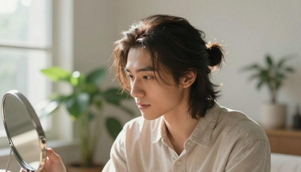 A thoughtful and serene hair growth journey, featuring a focused young man with medium-length hair styled into a loose bun, showcasing the beautiful stages of growing his hair. He stands in a natural, well-lit environment, perhaps near a window, allowing sunlight to filter through, giving a soft radiant glow to his hair. In the background, a peaceful indoor setting with plants adds to the tranquility of the scene. The camera angle is slightly below eye level, capturing the man's contemplative expression as he looks toward a mirror. The mood is calm and reflective, emphasizing patience and the beauty of self-care in the hair growth process. The young man is dressed in a simple, modest shirt, ensuring a clean, professional appearance.