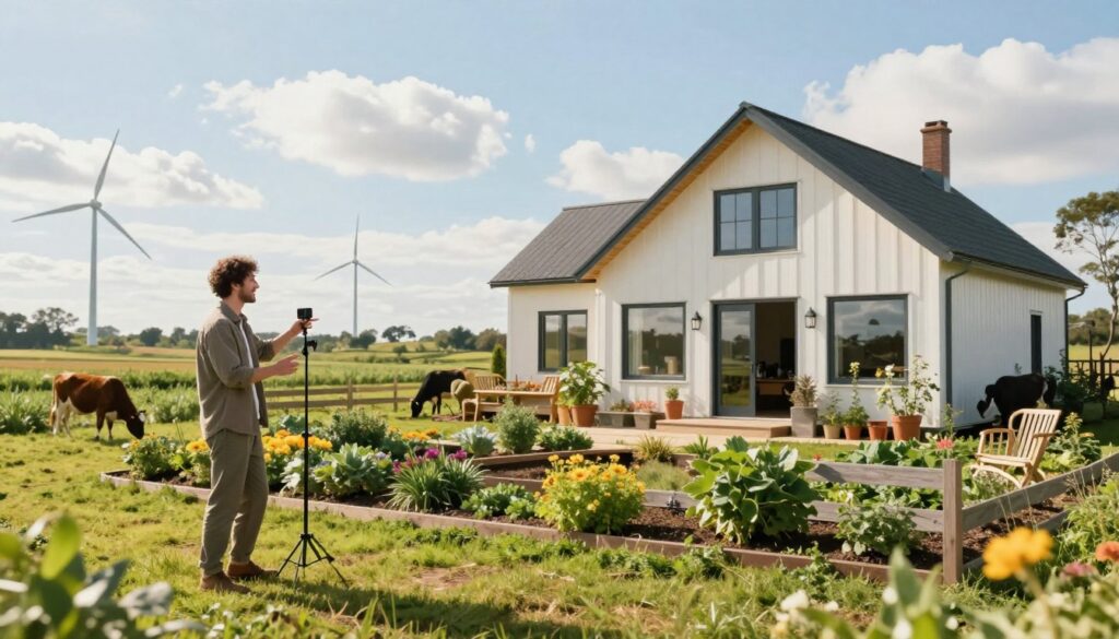 A tranquil rural scene depicting a modern farm influenced by social media popularity. In the foreground, a stylish farmhouse with a vibrant garden, reflecting creativity and hospitality. To the left, a content creator in business casual attire is filming a short video about the farm, smiling and gesturing towards the house, embodying the connection between digital influence and everyday life. In the middle ground, lush fields and a few grazing animals symbolize traditional farming, while rustic wind turbines hint at modern sustainability. The background features a bright, sunny sky with fluffy clouds, enhancing the mood of positivity and growth. Use soft, natural lighting to create a warm atmosphere, with a slight lens blur on the edges to focus on the foreground activity. A tranquil rural scene depicting a modern farm influenced by social media popularity. In the foreground, a stylish farmhouse with a vibrant garden, reflecting creativity and hospitality. To the left, a content creator in business casual attire is filming a short video about the farm, smiling and gesturing towards the house, embodying the connection between digital influence and everyday life. In the middle ground, lush fields and a few grazing animals symbolize traditional farming, while rustic wind turbines hint at modern sustainability. The background features a bright, sunny sky with fluffy clouds, enhancing the mood of positivity and growth. Use soft, natural lighting to create a warm atmosphere, with a slight lens blur on the edges to focus on the foreground activity.