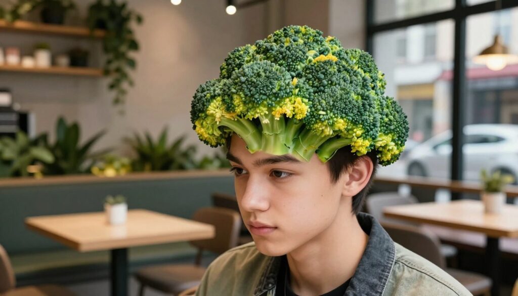 A trendy hairstyle inspired by broccoli, known as "fryzura brokuła," prominently featured on a young individual. In the foreground, showcase the vibrant hair styled with distinct, textured sections resembling broccoli florets, with shades of bright green and hints of soft yellow. The subject is a teenager dressed in stylish, casual clothing, exuding confidence and a sense of fun. In the middle, the scene captures the vibrant setting of a modern urban café, adorned with greenery and minimalist decor. The background includes hints of city life, slightly blurred to enhance focus on the hairstyle. Utilize soft, warm lighting to create an inviting atmosphere, capturing the dynamic essence of youth culture. Angle the shot to highlight the unique hairstyle, accentuating its playful and bold nature.
