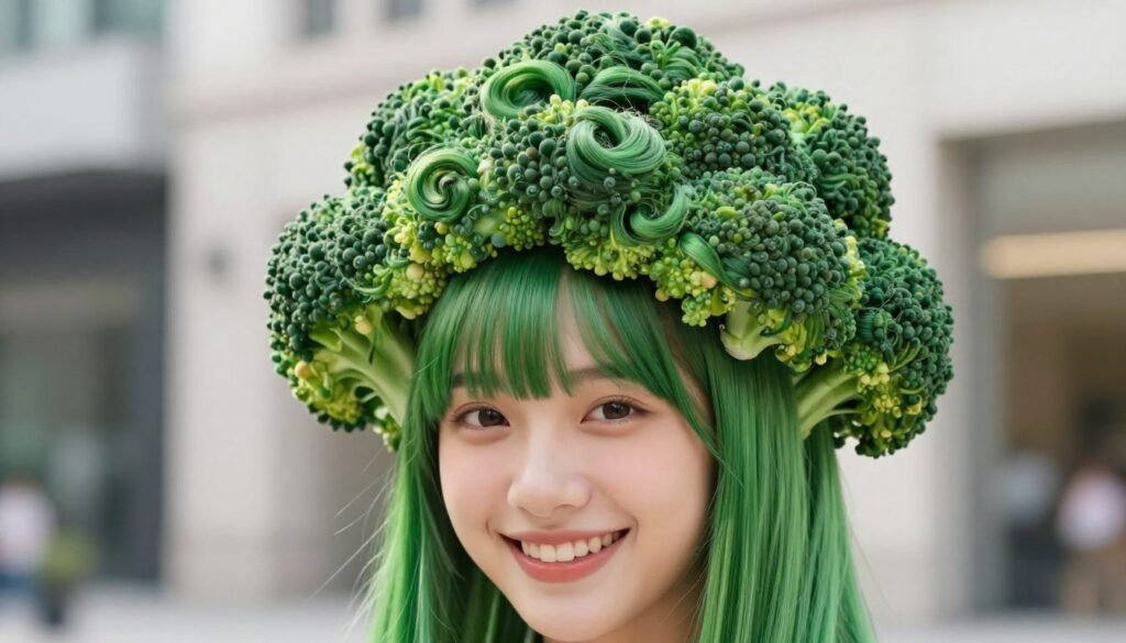 A trendy hairstyle resembling a broccoli shape, showcasing vibrant green curls on top of straight, sleek hair. The foreground features a young person with a joyful expression, their hair styled in a voluminous, bouncy top that mimics the texture of broccoli florets. In the middle ground, there's a softly blurred backdrop of a modern, urban environment, hinting at a youthful atmosphere. Bright, natural lighting emphasizes the freshness of the hair design, while the angle captures the combination of styles from a low perspective, enhancing the height of the curls. The overall mood is playful and energetic, inviting viewers to explore this unique and popular youth hairstyle inspired by the "broccoli" look.