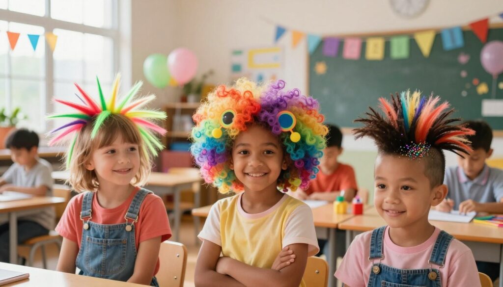 A vibrant and lively scene depicting a "crazy hair day" celebration in a colorful school environment. In the foreground, three diverse children are showcasing their outrageous hairstyles: one has gravity-defying spikes dyed in neon colors, another sports a rainbow-colored afro with playful accessories, and the third wears a playful mohawk adorned with glitter. They are dressed in casual, bright clothing that matches their hairstyles. In the middle ground, a cheerful classroom filled with colorful decorations, balloons, and banners celebrating creativity. Soft, natural lighting emits from large windows, casting warm highlights on the playful atmosphere. The angle focuses on the children's expressive faces, radiating confidence and joy, capturing the empowering essence of self-expression through bold hairstyles. The overall mood is festive and uplifting, celebrating individuality and imagination. A vibrant and lively scene depicting a "crazy hair day" celebration in a colorful school environment. In the foreground, three diverse children are showcasing their outrageous hairstyles: one has gravity-defying spikes dyed in neon colors, another sports a rainbow-colored afro with playful accessories, and the third wears a playful mohawk adorned with glitter. They are dressed in casual, bright clothing that matches their hairstyles. In the middle ground, a cheerful classroom filled with colorful decorations, balloons, and banners celebrating creativity. Soft, natural lighting emits from large windows, casting warm highlights on the playful atmosphere. The angle focuses on the children's expressive faces, radiating confidence and joy, capturing the empowering essence of self-expression through bold hairstyles. The overall mood is festive and uplifting, celebrating individuality and imagination.