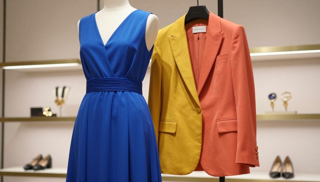 A vibrant cobalt blue dress elegantly drapes on a stylish mannequin, showcasing intricate details like a cinched waist and flowing skirt. The dress is complemented by a chic, structured blazer in a bold contrasting color, such as a rich mustard yellow or deep coral, neatly hung beside it. The setting is an upscale boutique with sleek, modern decor, featuring soft, diffused lighting that enhances the vivid colors. In the background, smooth shelves display a range of accessories like statement jewelry and stylish shoes, all contributing to a fashionable ambiance. The scene captures a sense of confidence and boldness, embodying the spirit of color blocking in fashion. The camera angle is slightly low, emphasizing the dress and blazer while providing depth to the composition.