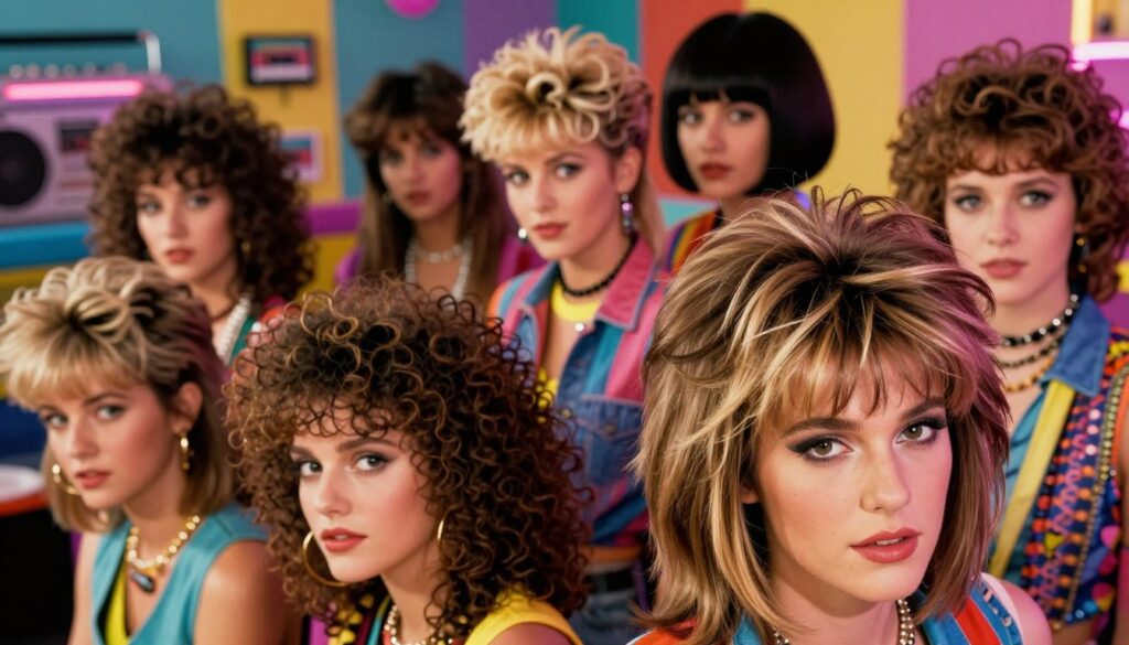 A vibrant depiction of iconic 1980s hairstyles, showcasing a variety of cuts that defined the era. In the foreground, feature a stylish person with a voluminous, layered haircut adorned with bold highlights, embodying the essence of 80s fashion. The middle ground should include a small group of individuals displaying diverse hairstyles – think mullets, big curly perms, and sleek bob cuts, all reflecting the playful and experimental spirit of the decade. In the background, a colorful 80s-themed party scene with neon decorations and retro elements like cassette tapes and boomboxes enhances the atmosphere. Use warm, soft lighting to evoke nostalgia, with a slightly blurred effect to create depth. Capture the scene from a dynamic angle, emphasizing the hairstyles while maintaining an overall lively and fun mood.