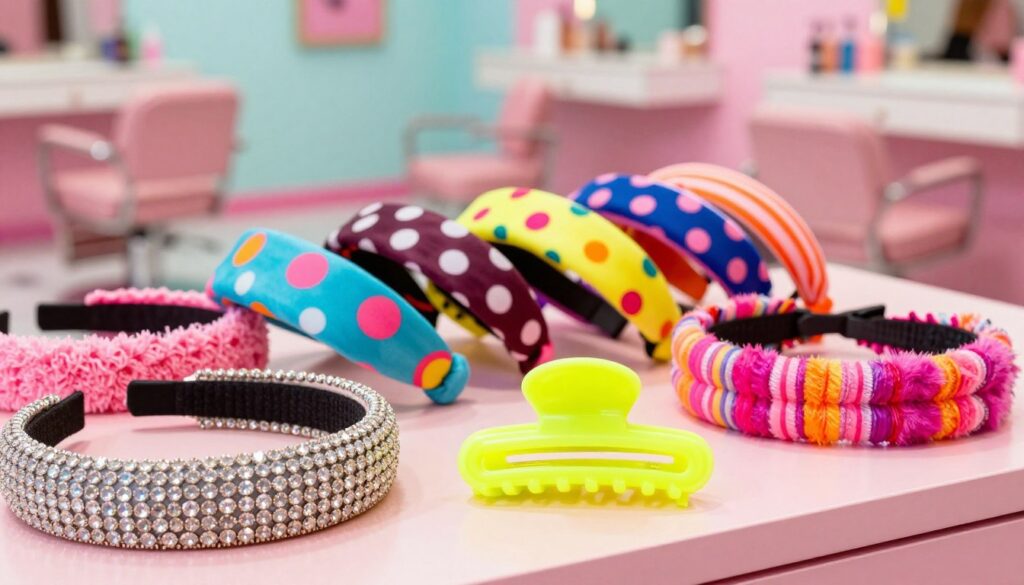 A vibrant display of colorful 1980s hair accessories, focusing on a variety of distinctive headbands and hair clips, each exhibiting bold patterns and textures. In the foreground, showcase a sparkling rhinestone-studded headband next to a chunky neon-colored plastic clip, emphasizing their retro style. In the middle ground, include a collection of fabric-covered headbands with playful prints such as polka dots and stripes. The background features a softly blurred image of a vintage hair salon interior, with pastel-colored walls and retro styling chairs, creating a nostalgic atmosphere. Use bright, cheerful lighting to evoke a fun and lively mood, capturing the essence of 80s fashion. The image should be clear and well-composed, with no text or additional distractions.