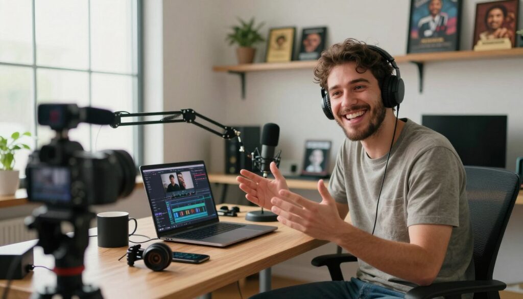 A vibrant image focusing on Wazzup, a popular internet creator, in a modern, cozy studio filled with tech gadgets and creative tools. In the foreground, Wazzup, wearing casual yet professional attire, is animatedly discussing content with a bright smile, engaging directly with the viewer. The middle of the scene features various cameras, microphones, and a laptop displaying video editing software. In the background, shelves filled with accolades and fan art reflect his popularity. Soft, natural lighting streams through a large window, creating a warm and inviting atmosphere. The composition captures the essence of creativity and digital engagement, embodying the dynamic world of content creation.