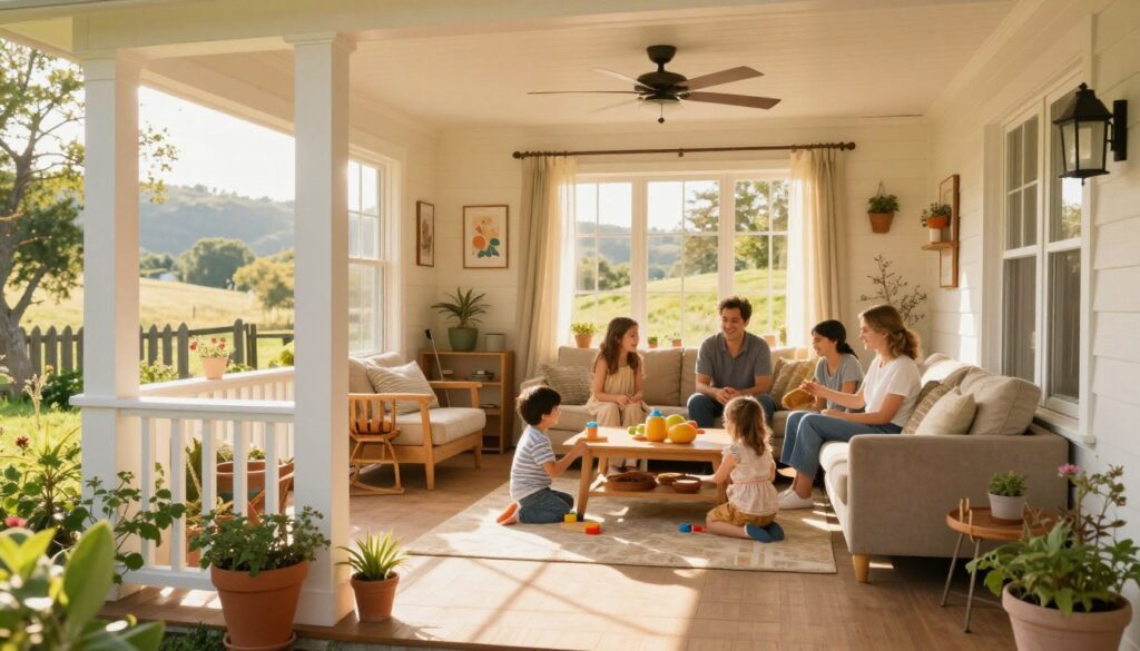 A vibrant scene depicting a cozy family home, reflecting the essence of Kiki Świat's life. In the foreground, a charming porch adorned with plants, welcoming and inviting. The middle scene showcases a well-designed living room with a large window that lets in warm, golden sunlight, illuminating cheerful decorations and a family gathering space. Children are engaged in playful activities, dressed in comfortable yet neat clothing, representing a nurturing environment. In the background, gently rolling hills with trees suggest a peaceful rural setting. The atmosphere feels warm and uplifting, capturing a joyful family spirit. The lighting is soft, enhancing the comforting mood, with a slight lens flare that adds a dreamlike quality to the scene. The composition follows a balanced yet inviting perspective.