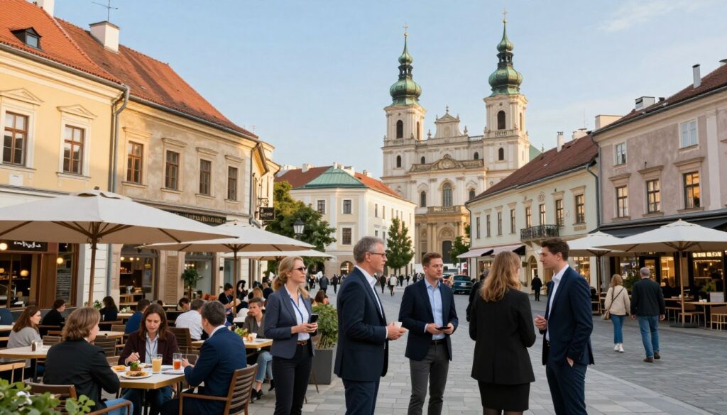 A vibrant scene of Częstochowa's city center, showcasing a blend of professional and personal life. In the foreground, a diverse group of people dressed in smart business attire engage in lively conversation, surrounded by bustling cafes and shops. The middle ground features well-maintained streets with modern architecture, intermixed with historic buildings, symbolizing the city's rich heritage. A prominent view of the iconic Jasna Góra Monastery is visible in the background, bathed in soft, warm sunlight. The atmosphere is energetic yet inviting, with people enjoying their day, conveying a sense of community and vitality. The image is captured with a slight upward angle, emphasizing the grandeur of the architecture and the vibrancy of life in Częstochowa, with clear blue skies above. A vibrant scene of Częstochowa's city center, showcasing a blend of professional and personal life. In the foreground, a diverse group of people dressed in smart business attire engage in lively conversation, surrounded by bustling cafes and shops. The middle ground features well-maintained streets with modern architecture, intermixed with historic buildings, symbolizing the city's rich heritage. A prominent view of the iconic Jasna Góra Monastery is visible in the background, bathed in soft, warm sunlight. The atmosphere is energetic yet inviting, with people enjoying their day, conveying a sense of community and vitality. The image is captured with a slight upward angle, emphasizing the grandeur of the architecture and the vibrancy of life in Częstochowa, with clear blue skies above.