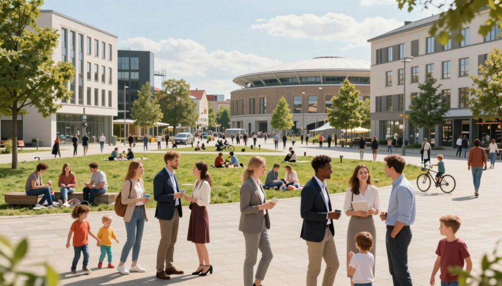 A vibrant urban scene of Katowice, showcasing a family-friendly and professional atmosphere. In the foreground, a diverse group of individuals in professional business attire and modest casual clothing engaged in friendly conversation, with children playing nearby. In the middle ground, modern buildings surrounded by green parks, with families enjoying leisure time, picnicking, and biking. The background features iconic Katowice architecture, such as the Spodek arena and Silesian Museum, under a bright, sunny sky. Soft, natural lighting creates a welcoming ambiance, highlighting the sense of community. Shot from a slightly elevated angle to capture the bustling life of the city, conveying both a dynamic work environment and a nurturing family setting.