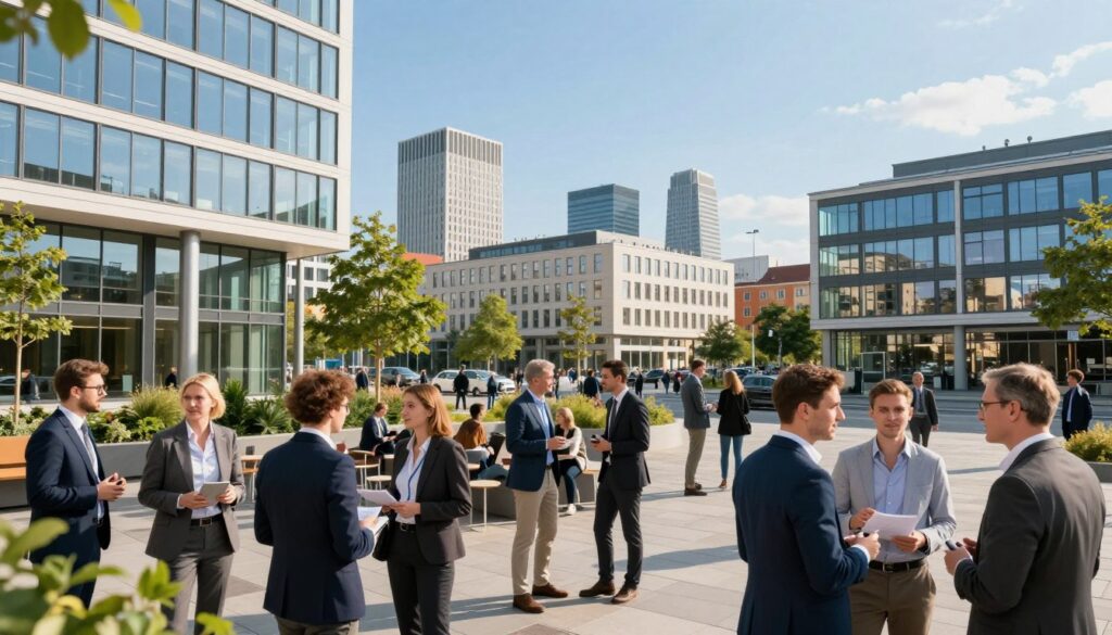 A vibrant urban scene showcasing the Wrocław Centrum Aktywności Zawodowej, highlighted as a hub of professional activity. In the foreground, depict diverse professionals in business attire engaging in discussions, with a backdrop of modern office buildings featuring glass and steel architecture. The middle ground features greenery and seating areas where people are collaborating and networking. In the background, capture the iconic Wrocław skyline under a clear blue sky, with warm, inviting sunlight illuminating the scene. Use a wide-angle lens to encompass the dynamic atmosphere of this bustling center. The mood should be energetic and optimistic, reflecting Wrocław's role as a thriving center for career development. A vibrant urban scene showcasing the Wrocław Centrum Aktywności Zawodowej, highlighted as a hub of professional activity. In the foreground, depict diverse professionals in business attire engaging in discussions, with a backdrop of modern office buildings featuring glass and steel architecture. The middle ground features greenery and seating areas where people are collaborating and networking. In the background, capture the iconic Wrocław skyline under a clear blue sky, with warm, inviting sunlight illuminating the scene. Use a wide-angle lens to encompass the dynamic atmosphere of this bustling center. The mood should be energetic and optimistic, reflecting Wrocław's role as a thriving center for career development.