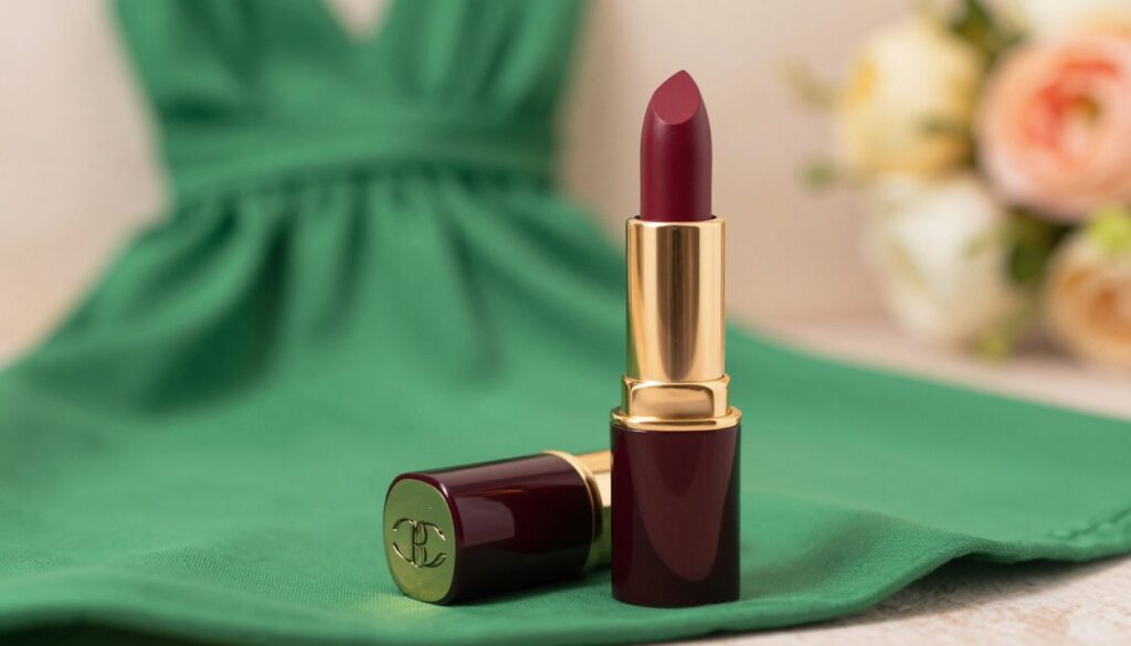 A visually stunning arrangement showcasing a sophisticated lipstick shade that complements a green dress. The foreground features a stylish lipstick tube with a rich, deep berry color, elegantly opened to reveal the creamy texture. In the middle ground, a soft-focus green dress flows gracefully, accentuating the color harmony between the outfit and the lipstick. The background features a subtle, blurred floral arrangement in pastel tones, creating a serene and elegant atmosphere. The image should be lit with soft, warm lighting that highlights the lipstick's glossy finish, evoking a sense of glamour. The angle is slightly elevated, providing a professional and polished view. The mood is chic and inviting, perfect for illustrating the ideal lipstick choice.