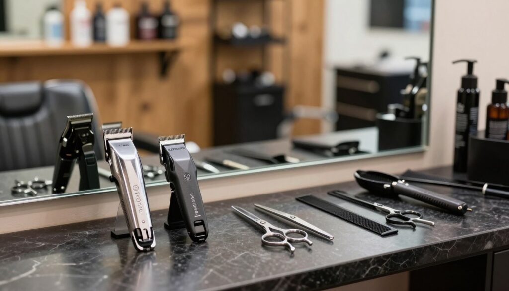 A well-arranged barber's workstation featuring essential tools for achieving a low fade haircut. In the foreground, a set of high-quality clippers, scissors, and a comb are neatly positioned on a sterile black marble countertop. The middle ground showcases a well-lit barber chair with a large mirror reflecting the tools, creating a bright, inviting atmosphere. The background features softly blurred shelves of grooming products and a warm wooden wall. The scene is illuminated by soft, diffused lighting that highlights the chrome details of the clippers, enhancing the professional ambiance. Capturing an organized, tidy workspace, the image conveys a sense of meticulous craftsmanship essential for creating a flawless low fade hairstyle.