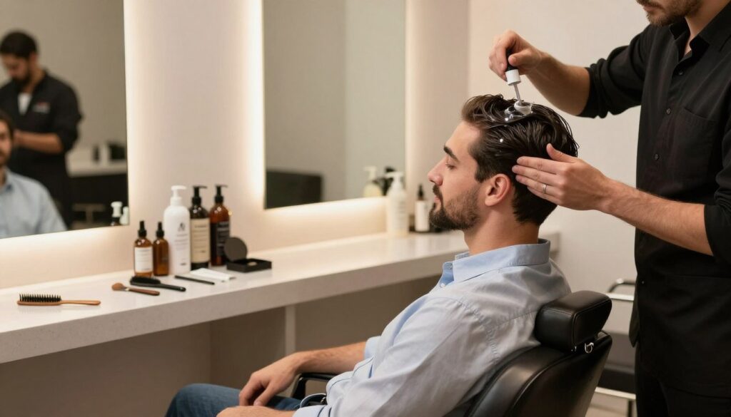 A well-groomed man in a modern salon setting, focused on a professional scalp treatment. In the foreground, the man, wearing a smart casual shirt, is seated comfortably in a stylish salon chair with a relaxed expression, as a stylist applies a nourishing scalp serum. The stylist, dressed in professional attire, delicately massages the serum into the man's scalp. In the middle, various scalp care products and tools are neatly arranged on a polished countertop, showcasing oils, conditioners, and combs. The background features large mirrors and soft ambient lighting that creates a warm, inviting atmosphere, emphasizing the intimacy and professionalism of the grooming experience. The composition captures a sense of relaxation and personal care, highlighting the importance of scalp health in men's grooming. A well-groomed man in a modern salon setting, focused on a professional scalp treatment. In the foreground, the man, wearing a smart casual shirt, is seated comfortably in a stylish salon chair with a relaxed expression, as a stylist applies a nourishing scalp serum. The stylist, dressed in professional attire, delicately massages the serum into the man's scalp. In the middle, various scalp care products and tools are neatly arranged on a polished countertop, showcasing oils, conditioners, and combs. The background features large mirrors and soft ambient lighting that creates a warm, inviting atmosphere, emphasizing the intimacy and professionalism of the grooming experience. The composition captures a sense of relaxation and personal care, highlighting the importance of scalp health in men's grooming.