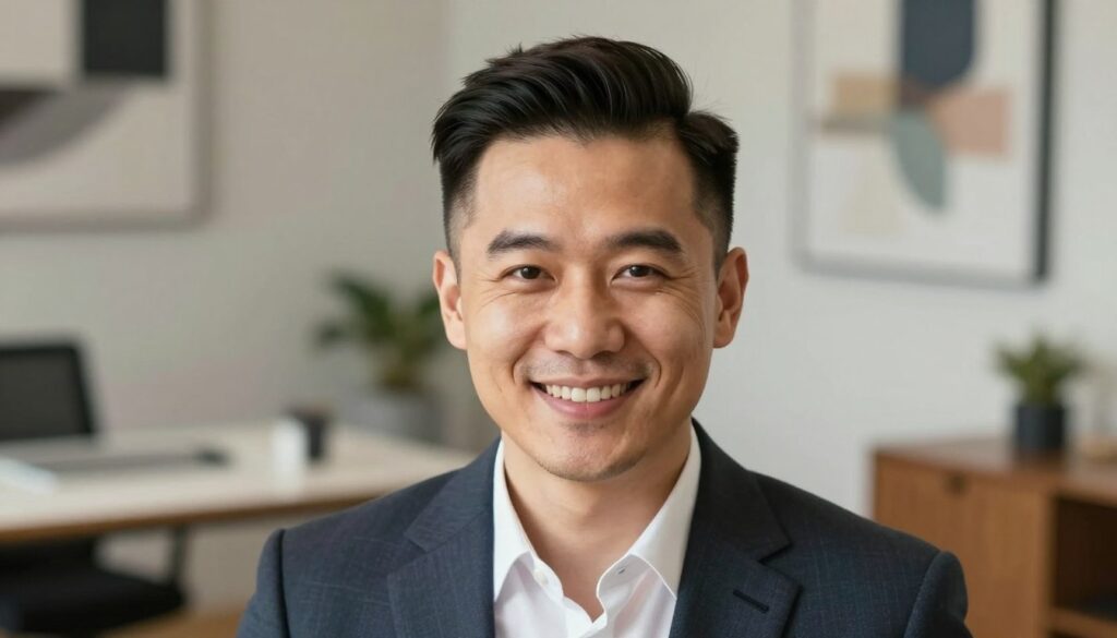 A well-groomed man in his 30s with a stylish haircut that cleverly disguises a receding hairline. He has a confident smile, wearing a tailored business suit, which enhances his professional demeanor. The foreground features his face in sharp focus, showcasing the haircut’s clean lines and texture. In the middle ground, a soft-focus office environment with warm, natural lighting creates an inviting atmosphere. The background includes subtle hints of modern decor, such as a sleek desk and abstract art on the walls. The overall mood is uplifting and empowering, illustrating how a thoughtful hairstyle can boost self-confidence and create a polished appearance. A well-groomed man in his 30s with a stylish haircut that cleverly disguises a receding hairline. He has a confident smile, wearing a tailored business suit, which enhances his professional demeanor. The foreground features his face in sharp focus, showcasing the haircut’s clean lines and texture. In the middle ground, a soft-focus office environment with warm, natural lighting creates an inviting atmosphere. The background includes subtle hints of modern decor, such as a sleek desk and abstract art on the walls. The overall mood is uplifting and empowering, illustrating how a thoughtful hairstyle can boost self-confidence and create a polished appearance.