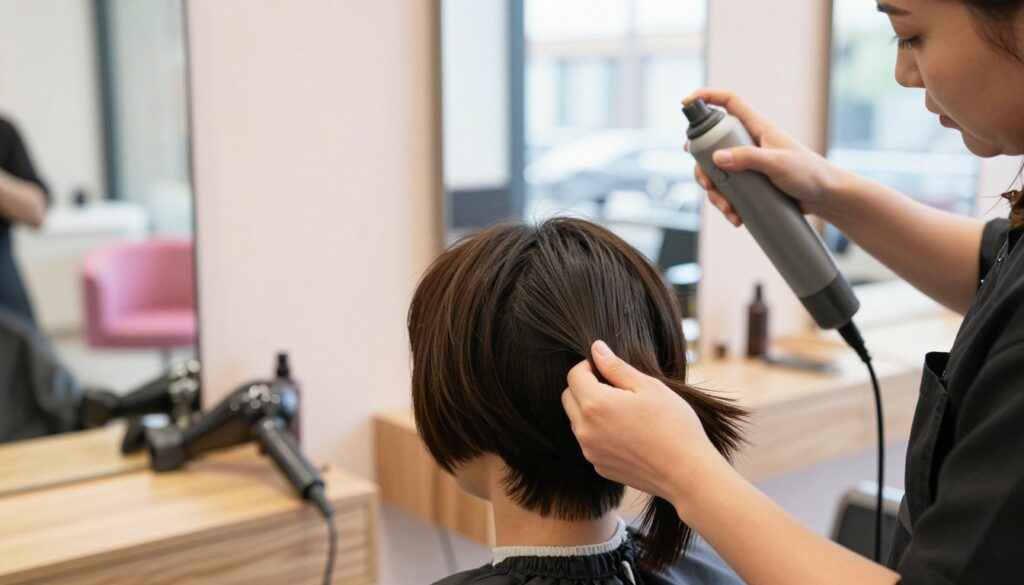 A well-lit beauty salon with a modern aesthetic, featuring a close-up of a stylist preparing hair for a volumizing pixie cut. In the foreground, a female stylist in professional attire is applying a thickening spray to fine, textured hair, showcasing a focused expression. The middle of the image captures the hair drying station with a sleek hairdryer and a mirror reflecting the vibrant salon atmosphere. In the background, soft, diffused natural light filters through large windows, enhancing the warm color palette of wooden surfaces and pastel decor. The mood conveys a sense of care and professionalism, emphasizing the transformative process of styling to create a fuller, volumized look for fine hair.