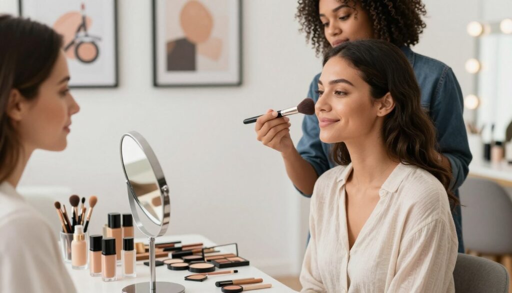 A well-lit, professional makeup artist's workspace showcasing the correct application of foundation and concealer. In the foreground, a diverse model sits at a makeup table, her face partially turned towards a mirror, smiling gently. The artist, in smart casual attire, skillfully applies foundation using a makeup brush, while a variety of high-quality makeup products are neatly arranged on the table. The middle ground features soft natural lighting that highlights the model's smooth skin, accentuating the flawless finish. The background includes whitewashed walls adorned with framed cosmetic artistry, and a hint of warm, inviting ambience. The mood is professional yet relaxed, inviting viewers to learn about proper makeup techniques and application methods. A well-lit, professional makeup artist's workspace showcasing the correct application of foundation and concealer. In the foreground, a diverse model sits at a makeup table, her face partially turned towards a mirror, smiling gently. The artist, in smart casual attire, skillfully applies foundation using a makeup brush, while a variety of high-quality makeup products are neatly arranged on the table. The middle ground features soft natural lighting that highlights the model's smooth skin, accentuating the flawless finish. The background includes whitewashed walls adorned with framed cosmetic artistry, and a hint of warm, inviting ambience. The mood is professional yet relaxed, inviting viewers to learn about proper makeup techniques and application methods.