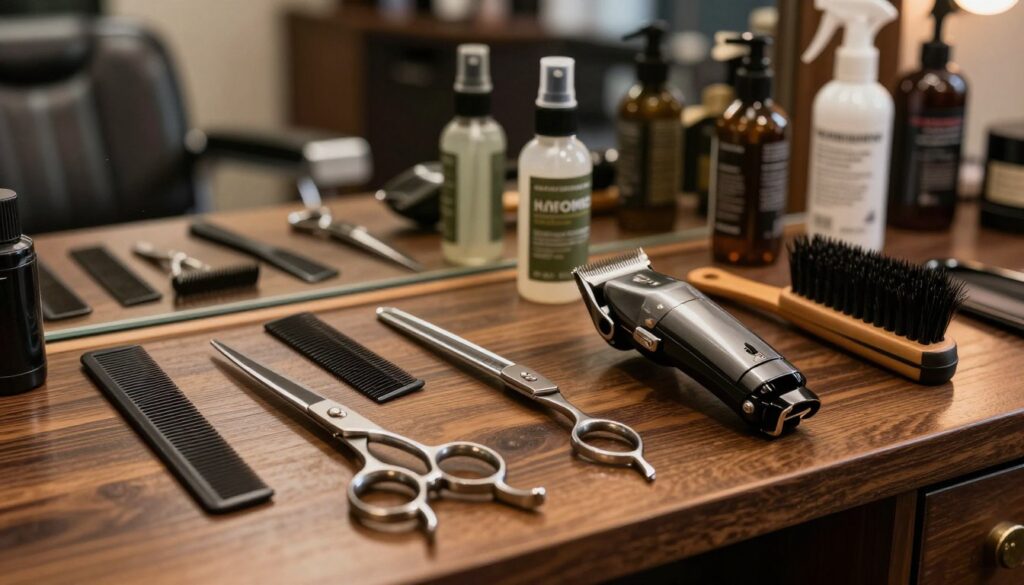 A well-organized display of essential hair cutting tools for military haircuts. In the foreground, include a pair of high-quality scissors and clippers with adjustable blade settings, prominently placed on a clean, dark wooden surface. In the middle, arrange combs and hair cutting accessories such as a spray bottle and a brush, neatly organized beside the clippers. The background features a blurred, softly lit barbershop setting, hinting at a vintage barber chair and shelves adorned with grooming products. Use warm, ambient lighting to create a professional atmosphere, focusing on the tools to emphasize their importance in achieving a military hairstyle. Capture the scene from a slightly elevated angle to enhance depth and interest while highlighting the precision of the tools.