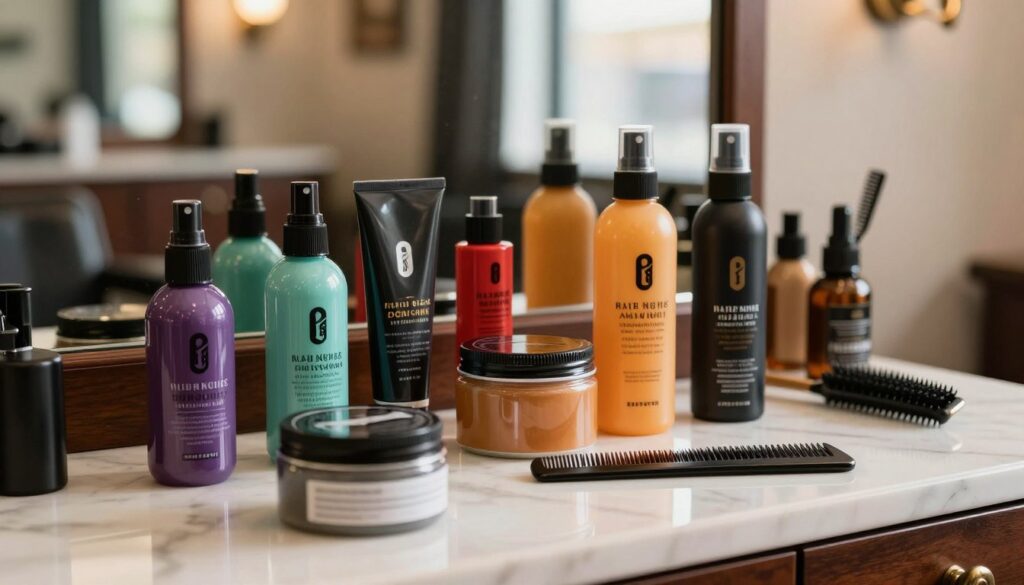 A well-organized vanity table showcasing a curated selection of men’s hair styling products, such as pomades, gels, and sprays, arranged aesthetically. The foreground features a sleek, modern jar of pomade and a stylish comb, hinting at the crew cut hairstyle. In the middle, a variety of colorful product containers stand on the table with light reflecting off them, creating a lively atmosphere. The background showcases a soft-focus image of a classic barbershop with vintage decor, emphasizing the grooming aspect. Natural light streams in through a window, casting warm highlights on the scene, enhancing the mood of sophistication and care. The composition conveys a dynamic yet polished vibe, perfect for illustrating a section on product selection for styling.