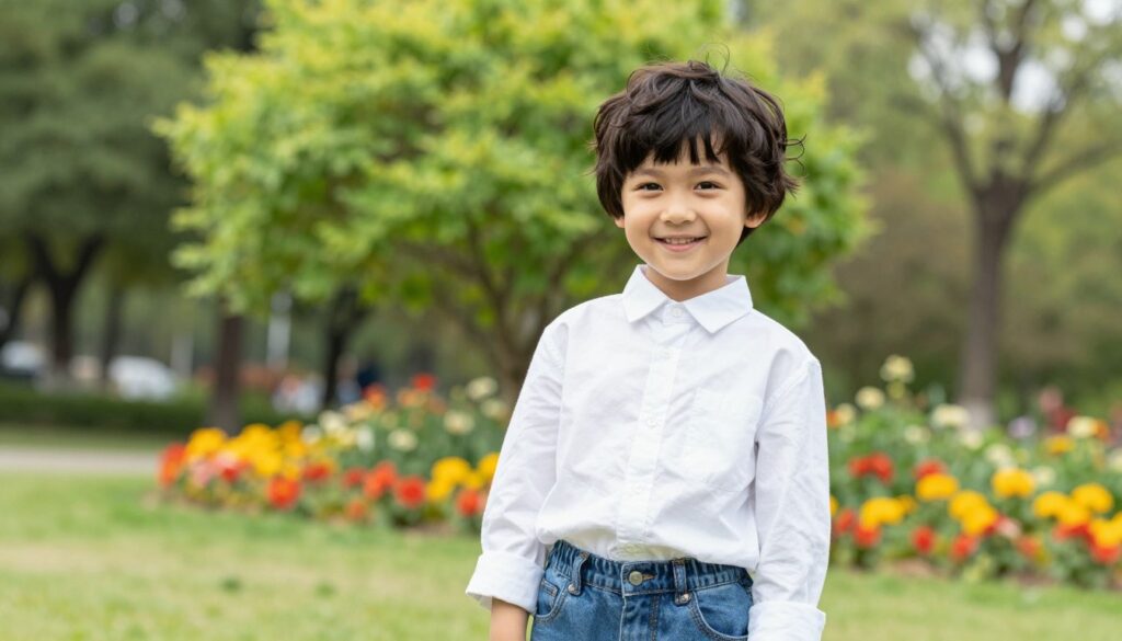 A young boy with a stylish bob haircut stands in a brightly lit park, showcasing a modern and versatile hairstyle perfect for straight and wavy hair textures. In the foreground, the boy smiles, wearing a smart casual outfit consisting of a crisp shirt and comfortable jeans. His bob haircut, slightly tousled, creates a playful yet polished look, allowing for easy styling options. In the middle ground, lush green trees and colorful flowers provide a cheerful and vibrant atmosphere. The lighting is soft and natural, capturing the essence of a sunny day. The boy's expression is joyful and confident, perfectly illustrating the timeless appeal of the bob haircut for boys. The angle is slightly tilted upward, emphasizing his hairstyle and cheerful demeanor against the picturesque backdrop. A young boy with a stylish bob haircut stands in a brightly lit park, showcasing a modern and versatile hairstyle perfect for straight and wavy hair textures. In the foreground, the boy smiles, wearing a smart casual outfit consisting of a crisp shirt and comfortable jeans. His bob haircut, slightly tousled, creates a playful yet polished look, allowing for easy styling options. In the middle ground, lush green trees and colorful flowers provide a cheerful and vibrant atmosphere. The lighting is soft and natural, capturing the essence of a sunny day. The boy's expression is joyful and confident, perfectly illustrating the timeless appeal of the bob haircut for boys. The angle is slightly tilted upward, emphasizing his hairstyle and cheerful demeanor against the picturesque backdrop.