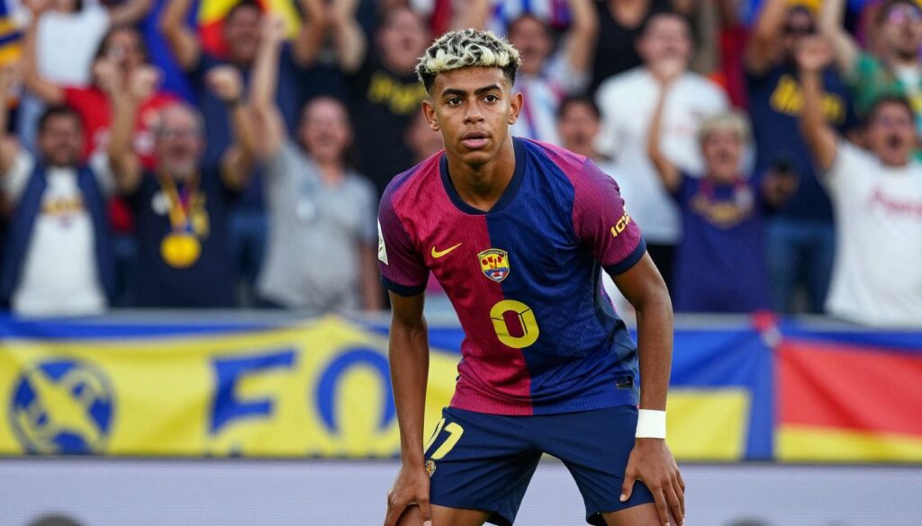 A young male footballer, embodying the essence of Lamine Yamal, stands confidently in a dynamic pose on a football pitch. He has distinctive short, stylish hair reflecting a modern, trendy haircut, suggesting a youthful flair. His athletic build and intense gaze reveal his determination as he wears a sleek football kit in vibrant colors, complete with his team's logo. In the background, fans are seen cheering passionately, holding banners and wearing team colors, creating an electrifying atmosphere. The lighting is bright and focused, emulating a sunny day' during a match. The angle captures the energy of the moment, emphasizing the excitement of the crowd and the young player's rising stardom in the world of football, evoking the spirit of competition and admiration. A young male footballer, embodying the essence of Lamine Yamal, stands confidently in a dynamic pose on a football pitch. He has distinctive short, stylish hair reflecting a modern, trendy haircut, suggesting a youthful flair. His athletic build and intense gaze reveal his determination as he wears a sleek football kit in vibrant colors, complete with his team's logo. In the background, fans are seen cheering passionately, holding banners and wearing team colors, creating an electrifying atmosphere. The lighting is bright and focused, emulating a sunny day' during a match. The angle captures the energy of the moment, emphasizing the excitement of the crowd and the young player's rising stardom in the world of football, evoking the spirit of competition and admiration.