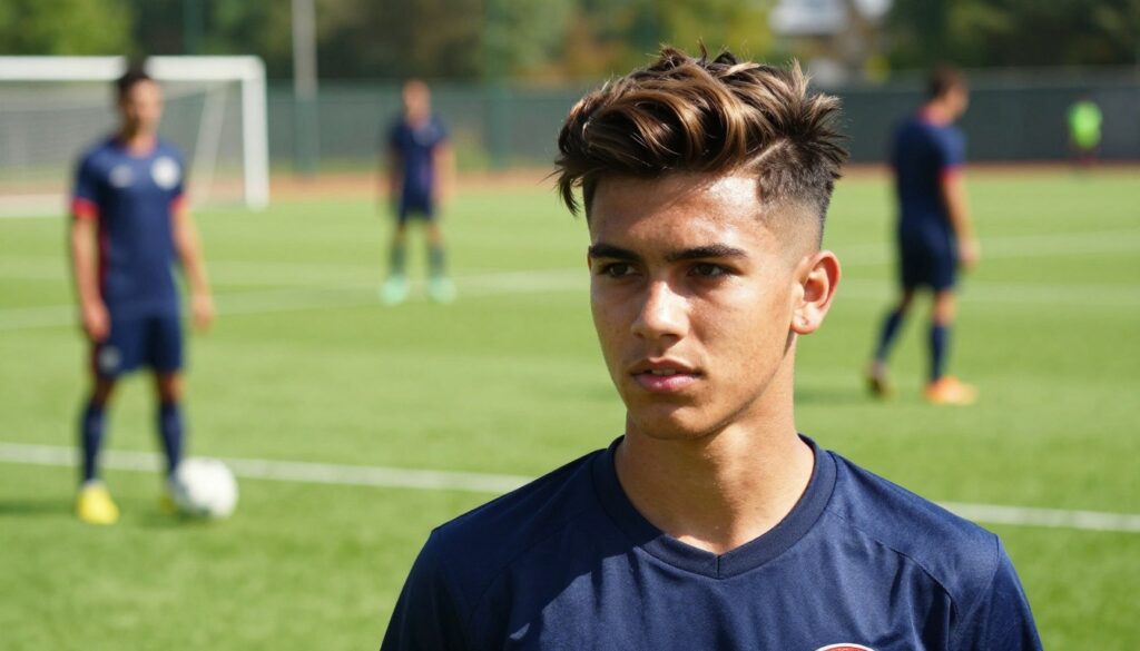 A young male soccer player with a trendy new hairstyle stands confidently in the foreground, showcasing a modern, stylish cut with textured layers and faded sides. His expression is focused and determined, capturing the excitement of a fresh look. In the middle ground, the bright, vibrant colors of a soccer pitch can be seen, with blurred teammates practicing in the background, adding a dynamic sports atmosphere. The lighting is natural and bright, emulating a sunny day, highlighting the player's features and hairstyle. The camera angle is slightly low, emphasizing his stature and the fashion-forward aspect of his haircut. The mood is energetic and inspiring, reflecting the transformative journey of a rising football star. A young male soccer player with a trendy new hairstyle stands confidently in the foreground, showcasing a modern, stylish cut with textured layers and faded sides. His expression is focused and determined, capturing the excitement of a fresh look. In the middle ground, the bright, vibrant colors of a soccer pitch can be seen, with blurred teammates practicing in the background, adding a dynamic sports atmosphere. The lighting is natural and bright, emulating a sunny day, highlighting the player's features and hairstyle. The camera angle is slightly low, emphasizing his stature and the fashion-forward aspect of his haircut. The mood is energetic and inspiring, reflecting the transformative journey of a rising football star.