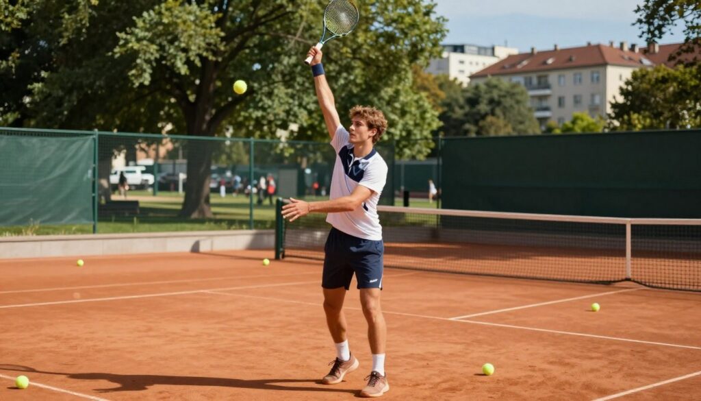 A young male tennis player practicing on a sunny outdoor court, showcasing his passion for the sport. In the foreground, he is wearing a stylish athletic outfit, focused on his next serve, with tennis balls scattered around him. The middle ground features a well-maintained clay court surrounded by lush green trees, with the sun casting dynamic shadows. In the background, a blurred image of a bustling city, representing Hubert Hurkacz's connection to Polish urban life. The lighting is bright and cheerful, enhancing the sense of energy and determination. The mood conveys a blend of ambition and leisure, capturing the essence of a dedicated athlete. The angle is slightly low, adding drama and emphasizing the player's skill. A young male tennis player practicing on a sunny outdoor court, showcasing his passion for the sport. In the foreground, he is wearing a stylish athletic outfit, focused on his next serve, with tennis balls scattered around him. The middle ground features a well-maintained clay court surrounded by lush green trees, with the sun casting dynamic shadows. In the background, a blurred image of a bustling city, representing Hubert Hurkacz's connection to Polish urban life. The lighting is bright and cheerful, enhancing the sense of energy and determination. The mood conveys a blend of ambition and leisure, capturing the essence of a dedicated athlete. The angle is slightly low, adding drama and emphasizing the player's skill.