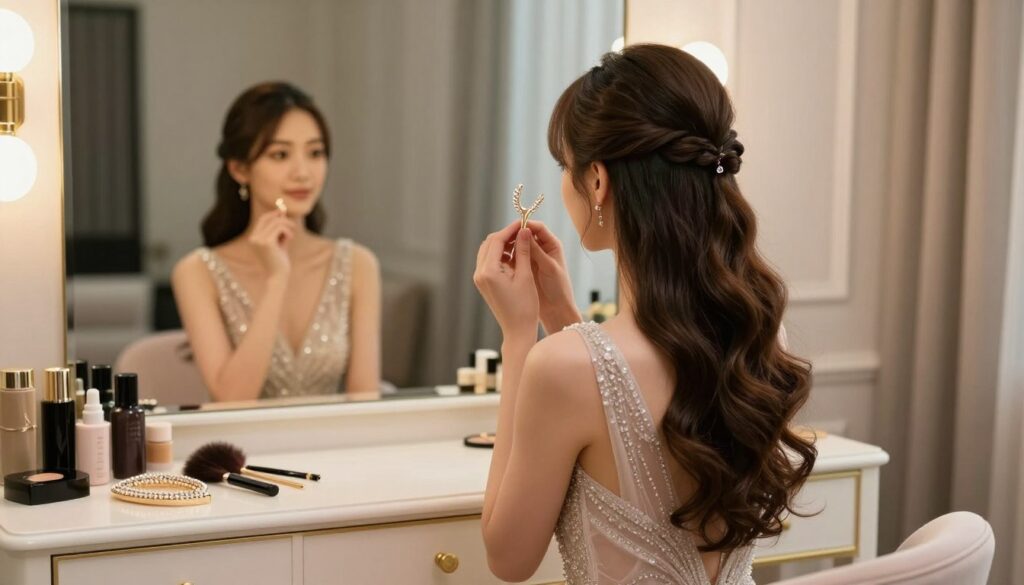 An elegant scene featuring a long-haired woman in a sophisticated setting, thoughtfully choosing the perfect hairstyle to match her beautiful evening gown. In the foreground, she is gently holding a decorative hairpin, with soft waves cascading down her back and a chic half-up, half-down style. The middle ground showcases a plush vanity adorned with various hair accessories and a mirror reflecting her contemplative expression. The background features soft, ambient lighting, creating a warm and inviting atmosphere. The setting is stylishly decorated, conveying a sense of luxury and elegance, perfect for a wedding or formal occasion. The composition emphasizes the harmonious blend of hairstyle, dress, and accessories, evoking a sense of refinement and beauty.