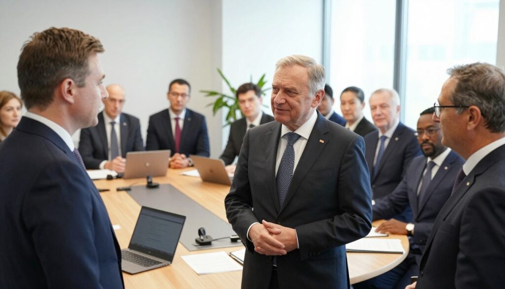 Create an image that captures Waldemar Pawlak, the former Polish Prime Minister, in a professional setting, elegantly dressed in a tailored suit with a tie, exuding confidence and authority. He is positioned in the foreground, engaged in conversation with a group of diverse individuals, all dressed in business attire, showcasing a collaborative political atmosphere. The middle ground includes a roundtable with documents and laptops, symbolizing active political discourse. In the background, a modern office with large windows allows natural light to pour in, creating a warm and inviting ambiance. The scene should reflect a sense of political engagement and social responsibility, emphasizing Pawlak's career and public service contributions. The overall mood is dynamic and inspiring, highlighting teamwork and leadership in action.