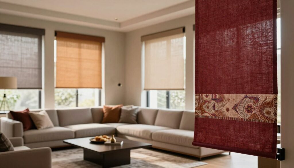 In a modern living room, showcase elegant cassette roller blinds in various colors and textures, neatly installed above large windows. The foreground features a close-up view of the fabric, highlighting the intricate patterns and rich colors. In the middle ground, a stylish sofa and coffee table complement the décor, with soft cushions adding comfort. The background reveals a well-lit interior, showcasing soft natural light streaming through the blinds. Use a warm color palette to create an inviting atmosphere. The perspective should be slightly angled, capturing both the blinds and the cozy living space, evoking a sense of practicality and style. Aim for a professional image that reflects versatility and aesthetic appeal without including any text or distractions. In a modern living room, showcase elegant cassette roller blinds in various colors and textures, neatly installed above large windows. The foreground features a close-up view of the fabric, highlighting the intricate patterns and rich colors. In the middle ground, a stylish sofa and coffee table complement the décor, with soft cushions adding comfort. The background reveals a well-lit interior, showcasing soft natural light streaming through the blinds. Use a warm color palette to create an inviting atmosphere. The perspective should be slightly angled, capturing both the blinds and the cozy living space, evoking a sense of practicality and style. Aim for a professional image that reflects versatility and aesthetic appeal without including any text or distractions.