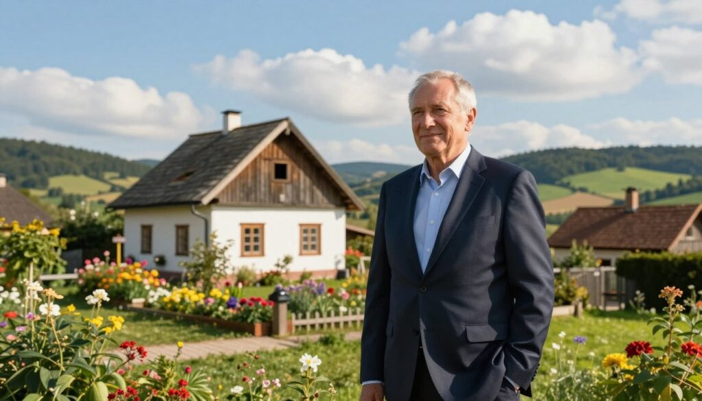 Waldemar Pawlak standing thoughtfully in front of his family home, set in a quaint Polish village. The foreground features Pawlak in a crisp business suit, emphasizing his professional demeanor, with a gentle smile that reflects approachability. The middle ground showcases a charming, traditional cottage with colorful flowers blooming in a well-kept garden, surrounded by verdant greenery indicative of rural Poland. In the background, rolling hills under a bright blue sky dotted with fluffy white clouds create a tranquil atmosphere. Soft, warm sunlight casts gentle shadows, enhancing the inviting scene. Use a wide-angle lens to capture the serene landscape while keeping Pawlak as the focal point, conveying a mood of nostalgia and pride in his heritage.